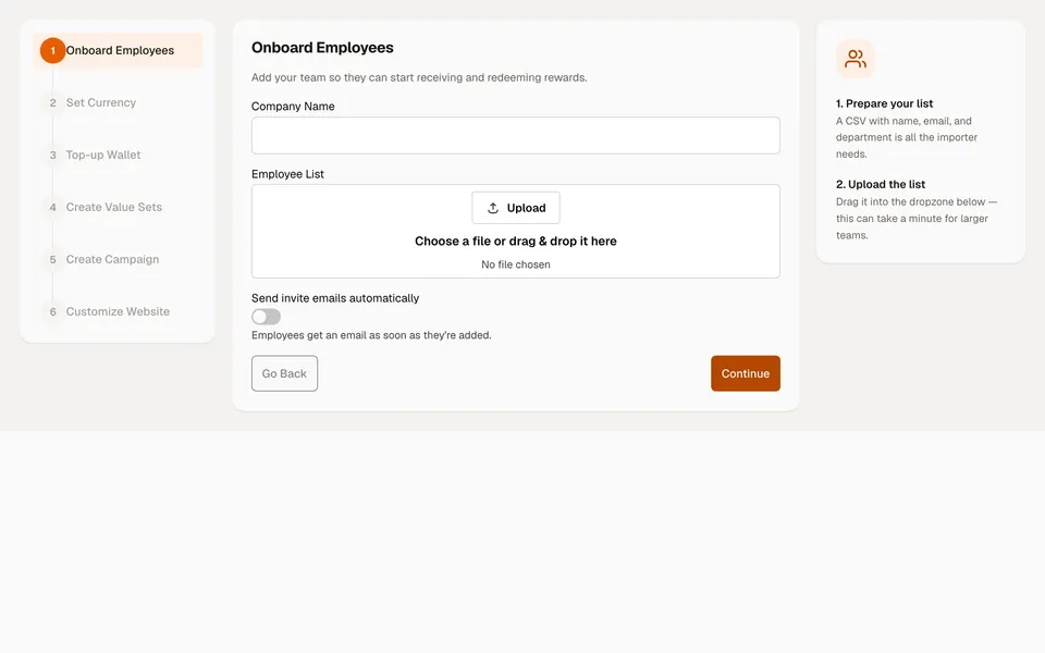 Onboarding wizard screen preview