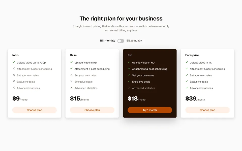 Pricing table screen preview