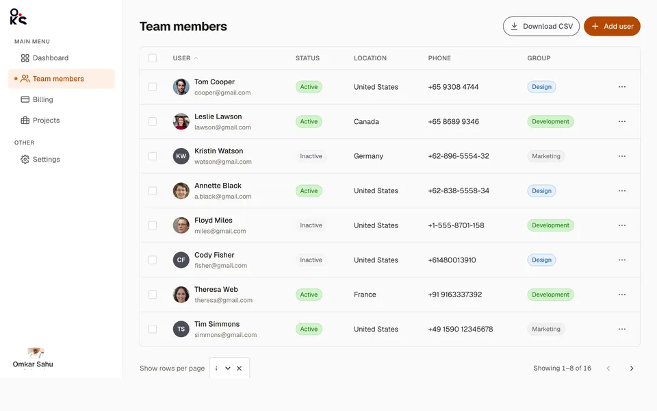 Team members table screen preview
